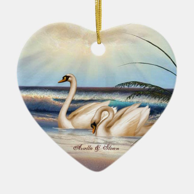 Schwan-Paare - Liebe - Herz formten Verzierung Keramikornament (Vorne)
