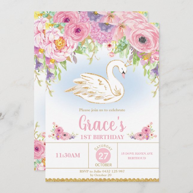 Schwan-Prinzessin Birthday Invitation Floral Girl Einladung (Vorne/Hinten)