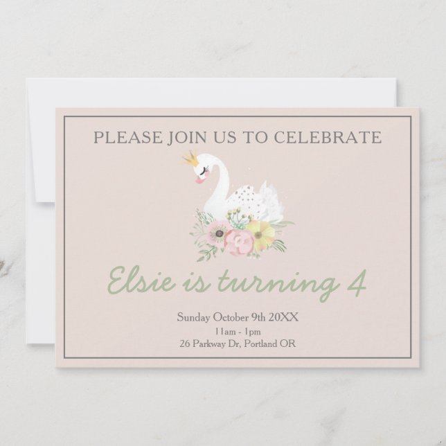 schwan Prinzessin niedlich rosa Mädchen Geburtstag Einladung (Vorderseite)