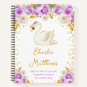 Schwan Purpur und Gold Rosen Geburtsstatistik Notizbuch