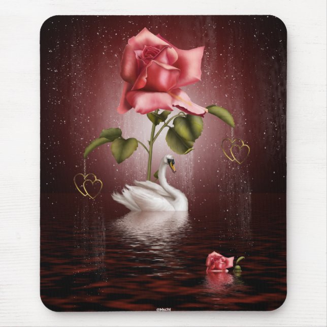 Schwan-Rosen-Herz-Szene 3A Mousepad (Vorne)