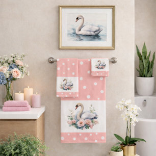Schwan und Blumen Handtuch-Set mit rosa Punkten Badhandtuch Set