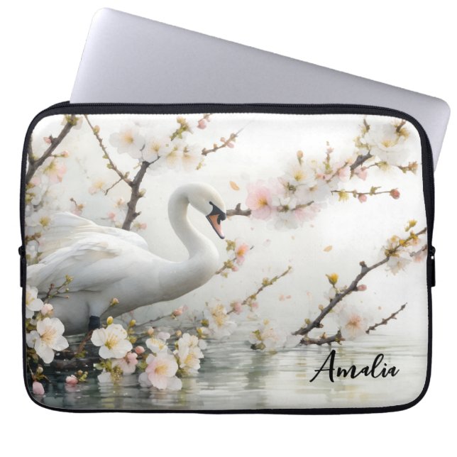 Schwan und Blütensee in Aquarell Laptopschutzhülle (Vorderseite)