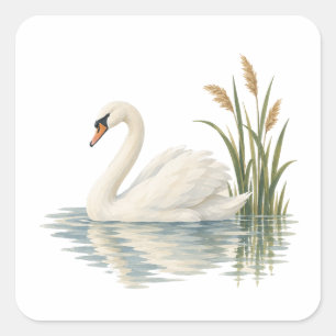 Schwan unter Teichrohren Quadratischer Aufkleber