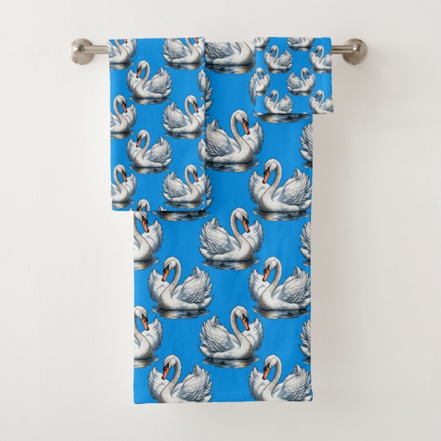 Schwan-Vögel Musterdesign auf Blau  Badhandtuch Set (Insitu)