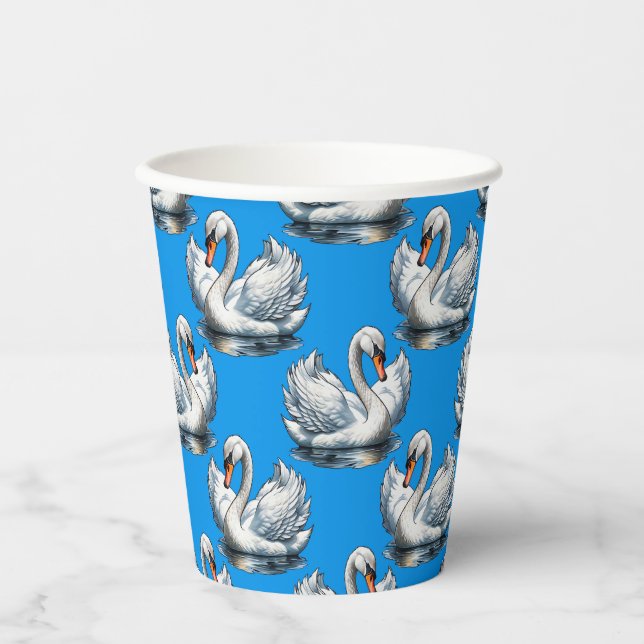 Schwan-Vögel Musterdesign auf Blau  Pappbecher (Vorderseite)