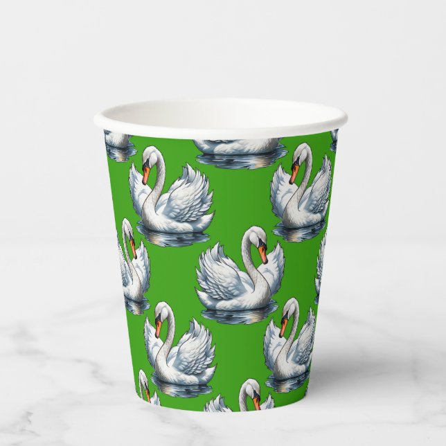 Schwan-Vögel Musterdesign auf Grün Pappbecher (Vorderseite)