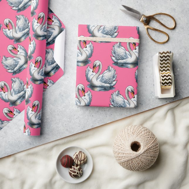 Schwan-Vögel Musterdesign auf Rosa Geschenkpapier (Kunsthandwerk)