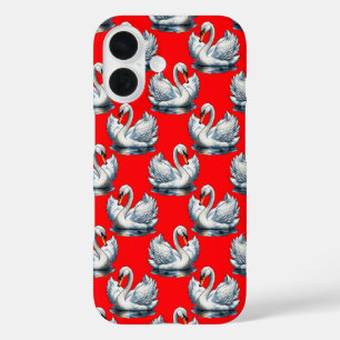 Schwan-Vögel Musterdesign auf Rot iPhone 16 Hülle