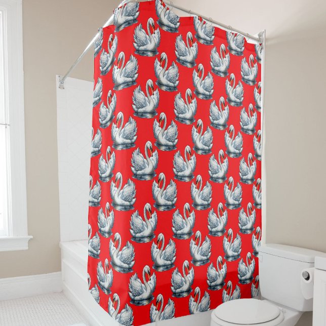 Schwan-Vogel-Musterdesign auf Rot Duschvorhang (Von Creator hochgeladen)