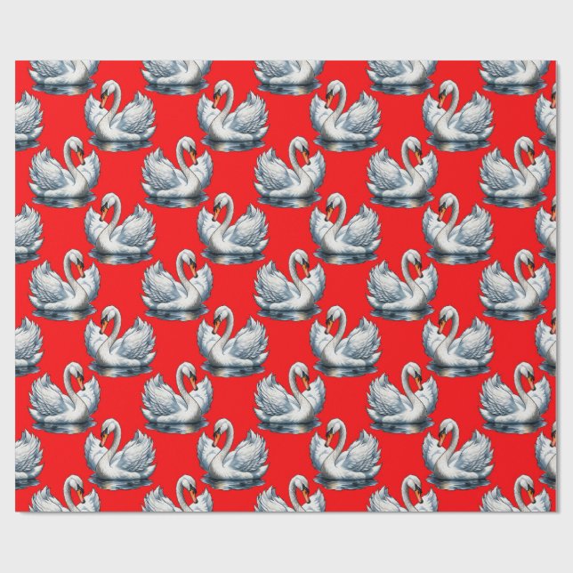 Schwan-Vögel Musterdesign auf Rot Geschenkpapier (Flach)