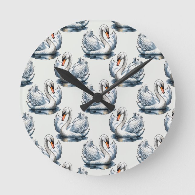 Schwan-Vögel Musterdesign auf Weiß Runde Wanduhr (Vorderseite)