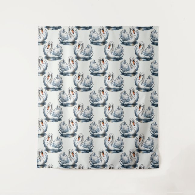 Schwan-Vögel Musterdesign auf Weiß  Wandteppich (Vorderseite)