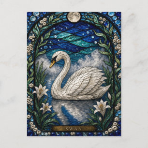 Schwan, Weiße Lilie Buntglas Postkarte
