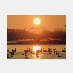 Schwäne bei Sonnenaufgang Fußmatte