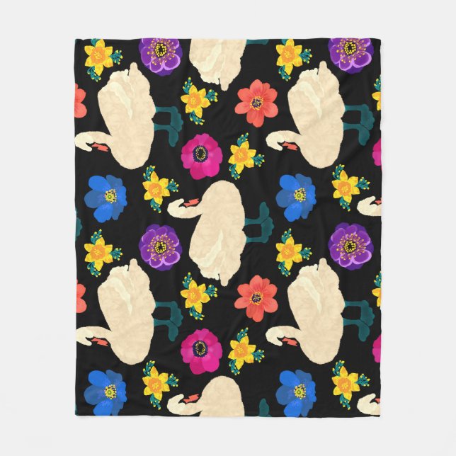 Schwäne, Blume, handgezeichnet schwarzer Hintergru Fleecedecke (Vorderseite)