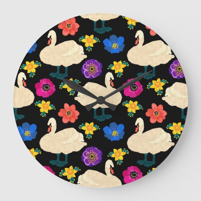 Schwäne, Blume, handgezeichnet schwarzer Hintergru Große Wanduhr (Vorderseite)