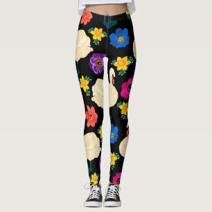 Schwäne, Blume, handgezeichnet schwarzer Hintergru Leggings