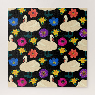 Schwäne, Blume, handgezeichnet schwarzer Hintergru Puzzle