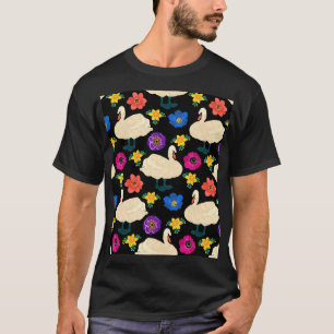 Schwäne, Blumen, handgezeichneter schwarzer Hinter T-Shirt