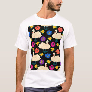 Schwäne, Blumen, handgezeichneter schwarzer Hinter T-Shirt