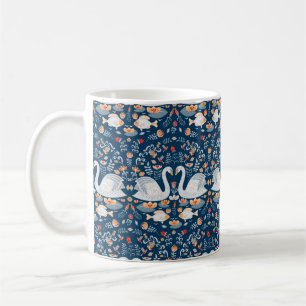 Schwäne, Fische, Blume auf blauem Hintergrund. dek Kaffeetasse