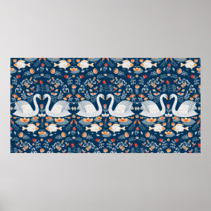 Schwäne, Fische, Blume auf blauem Hintergrund. dek Poster