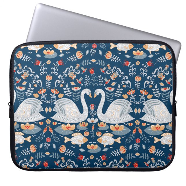 Schwäne, Fische, Blume, Volksmuster. Laptopschutzhülle (Vorderseite)