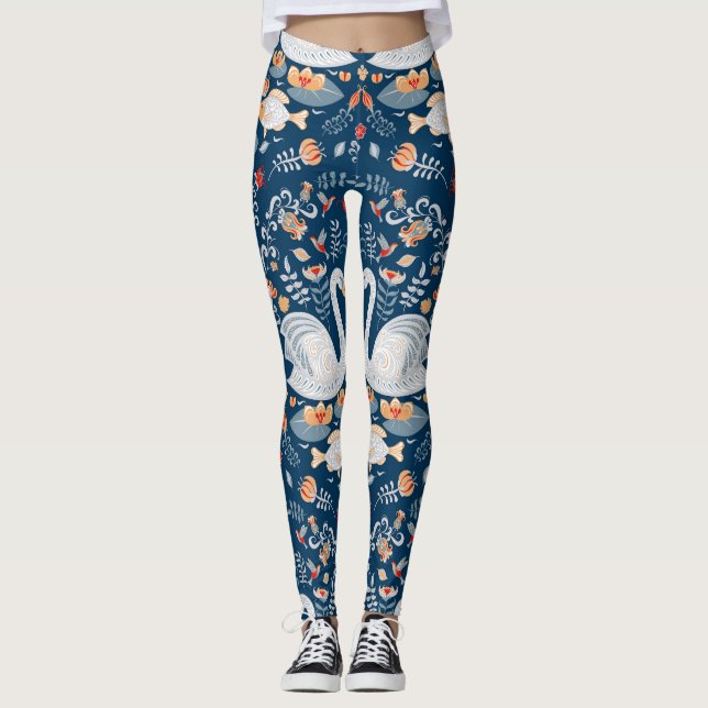 Schwäne, Fische, Blume, Volksmuster. Leggings (Vorderseite)