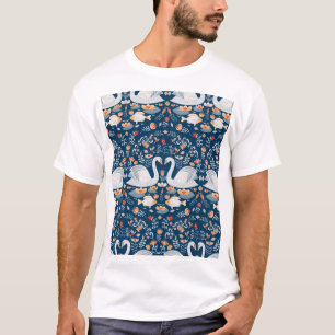 Schwäne, Fische, Blume, Volksmuster. T-Shirt