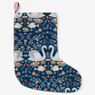 Schwäne, Fische, Blumen, Volksmuster. Kleiner Weihnachtsstrumpf