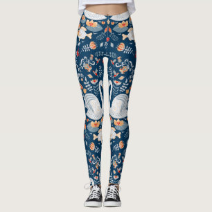 Schwäne, Fische, Blumen, Volksmuster. Leggings