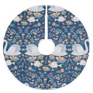 Schwäne, Fische, Blumen, Volksmuster. Polyester Weihnachtsbaumdecke