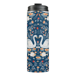 Schwäne, Fische, Blumen, Volksmuster. Thermosbecher