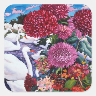 Schwäne und Chrysanthemen 2005 Quadratischer Aufkleber
