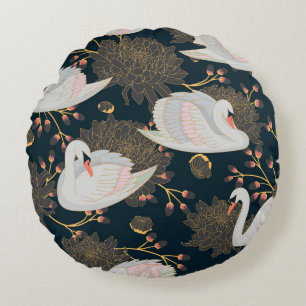Schwäne und Chrysanthemen, natürliche Muster. Rundes Kissen