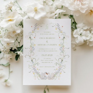 Schwanen Blumenrahmen Monogramm Hochzeit Einladung
