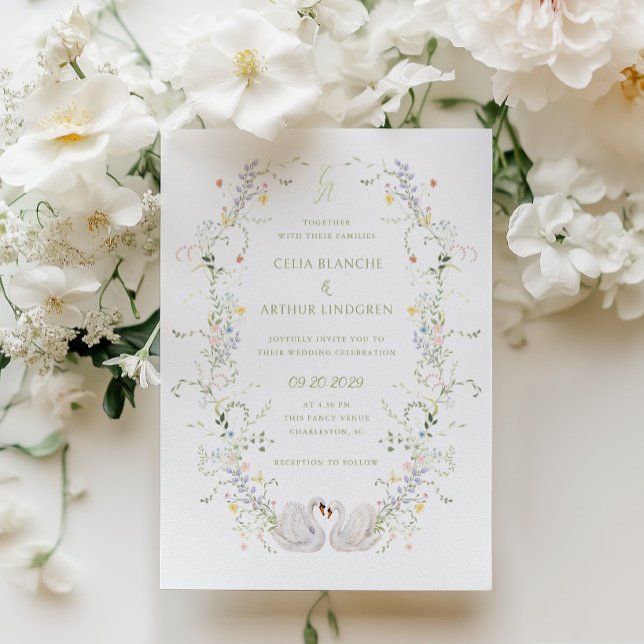 Schwanen Blumenrahmen Monogramm Hochzeit Einladung (Von Creator hochgeladen)