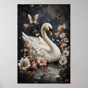 Schwanendruck mit melancholischer Blume, Schwan-Po Poster