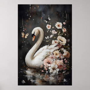 Schwanendruck mit Stimmung und Blumen, Schwanenpor Poster