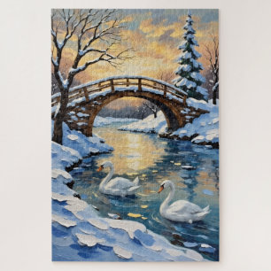 Schwanenfamilie unter schneebedeckter Brücke - Vin Puzzle