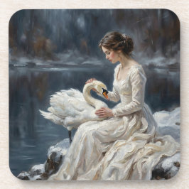 Schwanenjungfrau Winter Lake Romantik Fantasy Kuns Getränkeuntersetzer