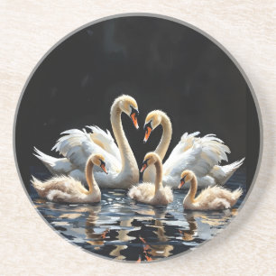 Schwanfamilie auf schwarzem See Kunstwerk Getränkeuntersetzer