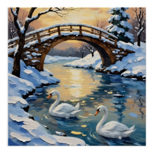 Schwanfamilie unter schneebedeckter Brücke - Vinta Poster