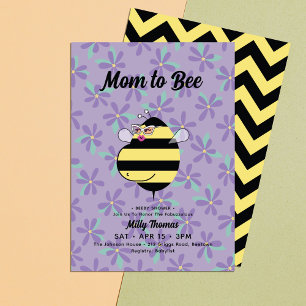 Schwangere Biene mit Brille lila Blumen-Baby-Party Einladung