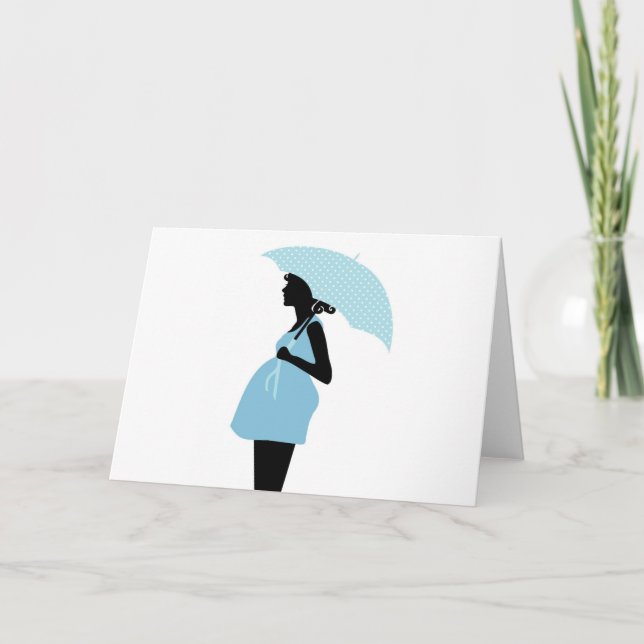 Schwangere Frau mit Polka Dot Umbrella Baby Blue Ankündigung (Vorderseite)