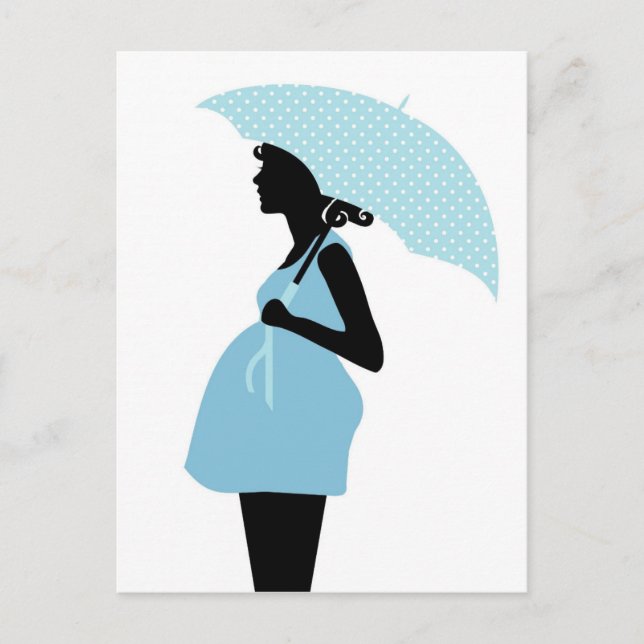 Schwangere Frau mit Polka Dot Umbrella Baby Blue Ankündigungspostkarte (Vorderseite)
