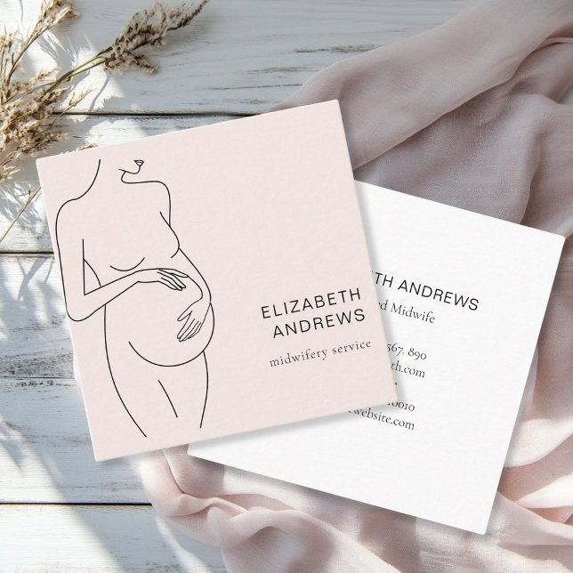 Schwangere Frau Simpel Modern Quadratische Visitenkarte (Modern, minimalist business card, beige-blush, black. Line Art Illustration, pregnant woman.)