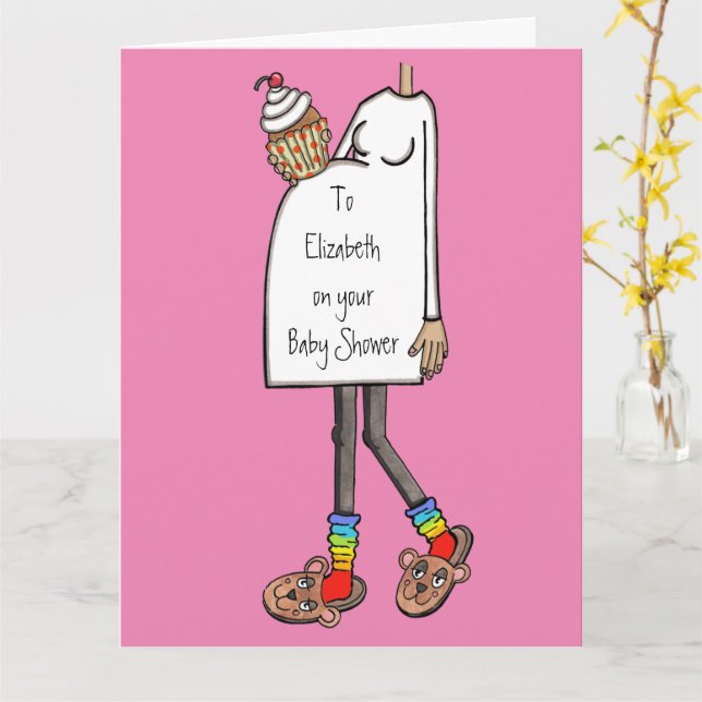 Schwangere Lady Medium Skin Tone Baby Dusche Karte (Gelbe Blume)