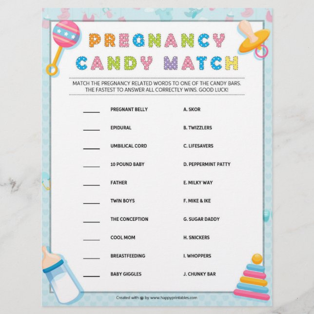 Schwangerschaft Candy Match [Baby Basics Blue] Briefbogen (Vorderseite)